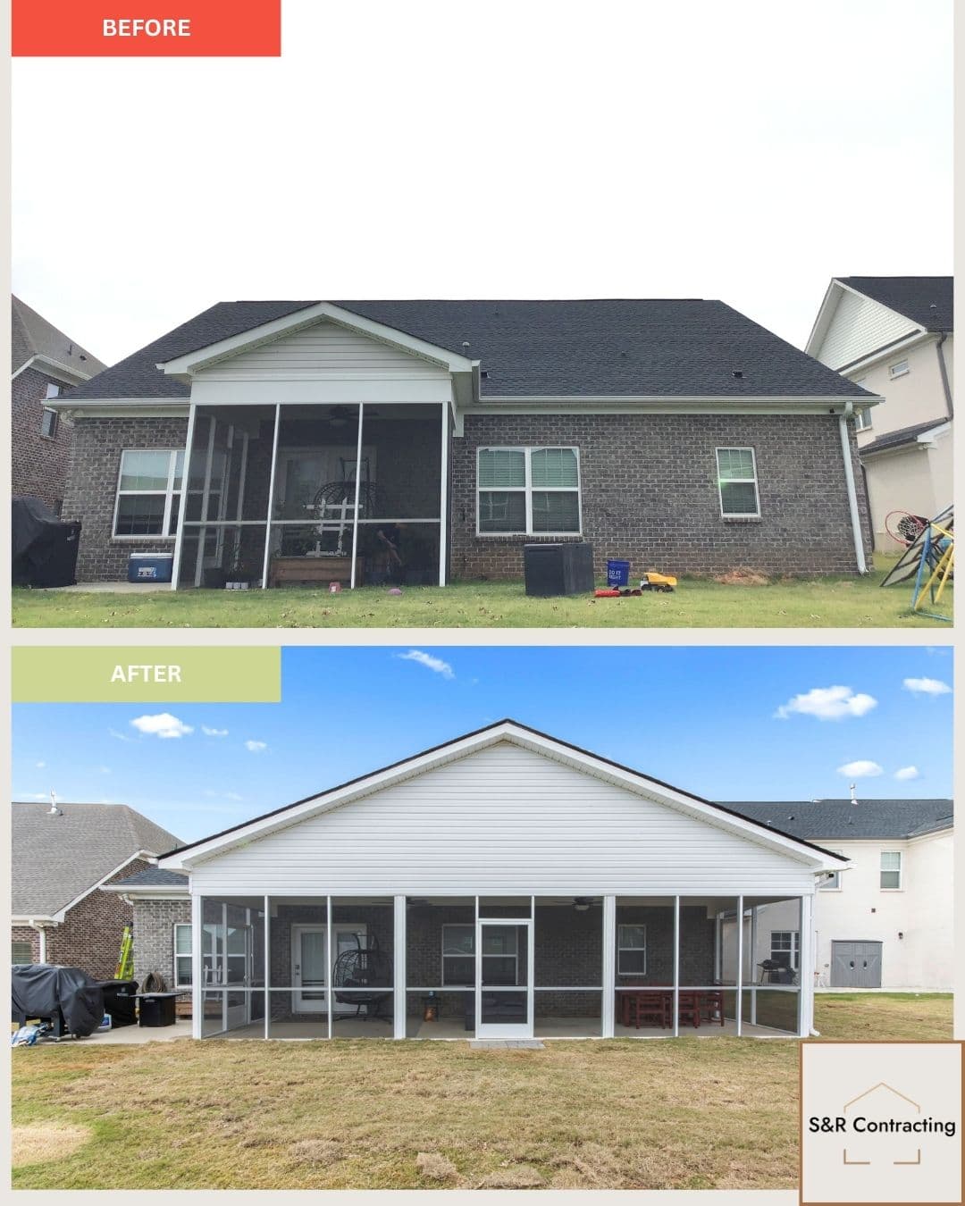 Completed screened porch interior at Burgreen Farm Madison Alabama by S&R Contracting